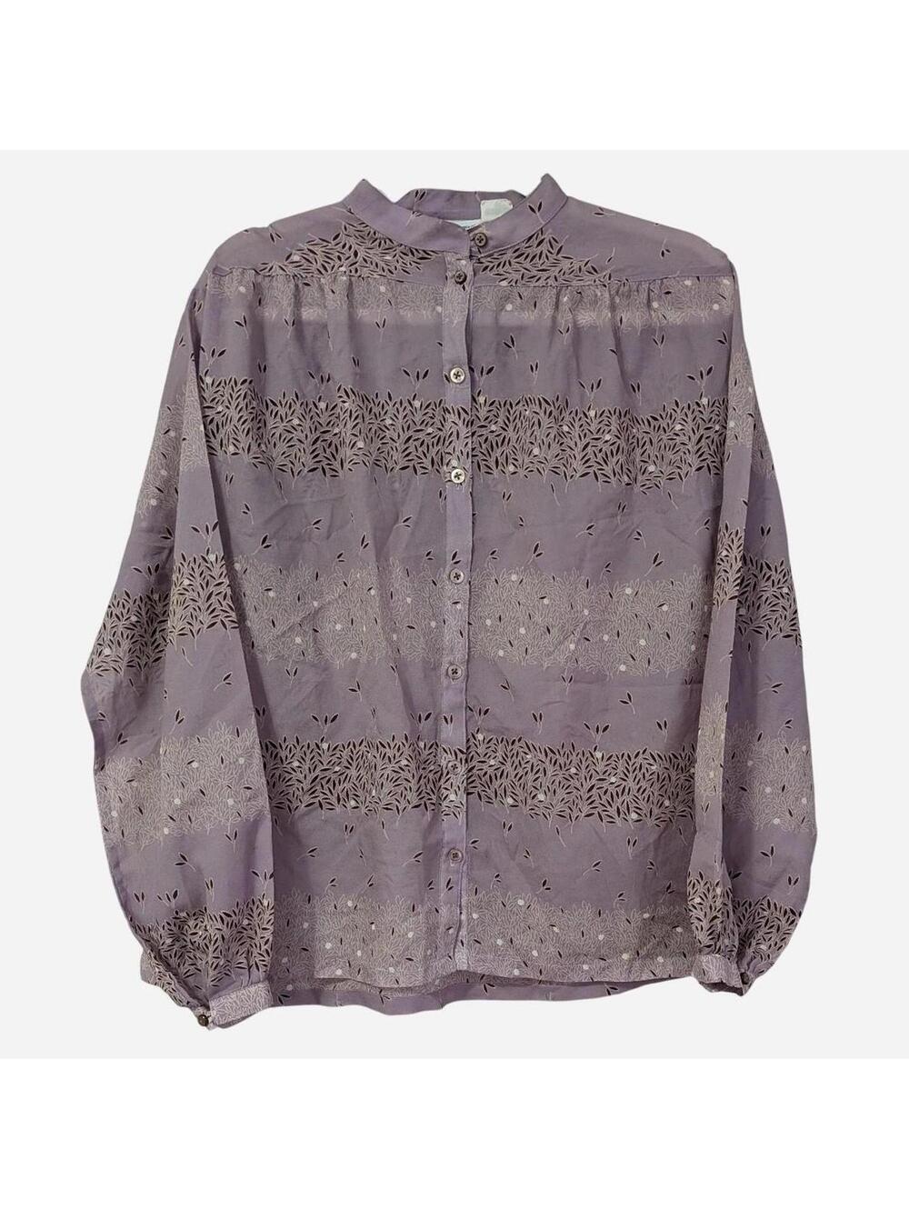 70s Lady Manhattan Lavender Botanical Print Blouse Band Collar Balloon Sleeve